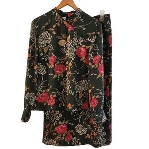 Pendleton Floral Black Two Piece‎ Skirt L and Blouse XL Set